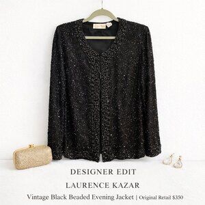 Laurence Kazar Vintage Black Beaded Evening Jacket Silk Glass Beads XL